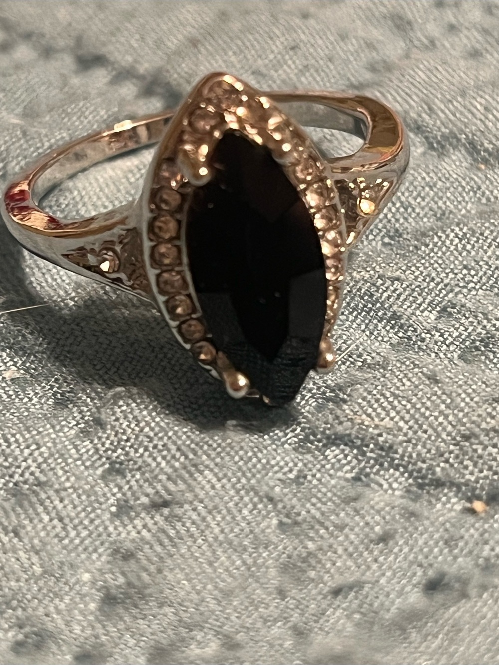 Elegant Black Marquise Stone Silver Ring size 10